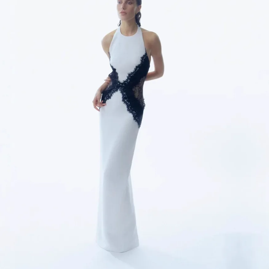 

2025 Summer New Women's Fashion Lace Stitching Hollow Hanging Neck Dress Sexy and Elegant Backless Slim Split Dress Ladies
