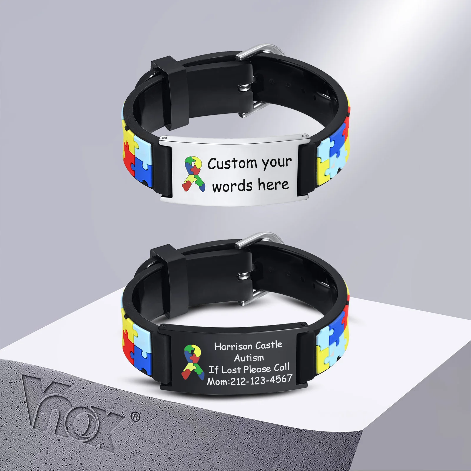 

Vnox Free Customized Name Bracelets for Girls Boys Birthday Gift,Personalized Autism ICE Info Soft Silicone Bands Wristband