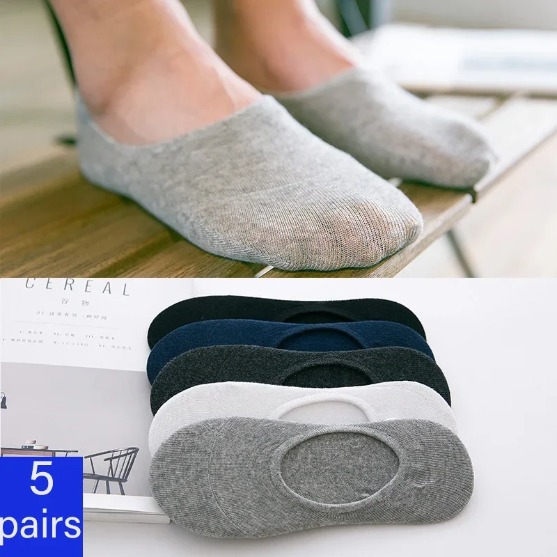 

5 пар/лот, летние тонкие мужские дышащие невидимые носки, повседневные хлопковые лоферы с низким вырезом, нескользящие носки-невидимки