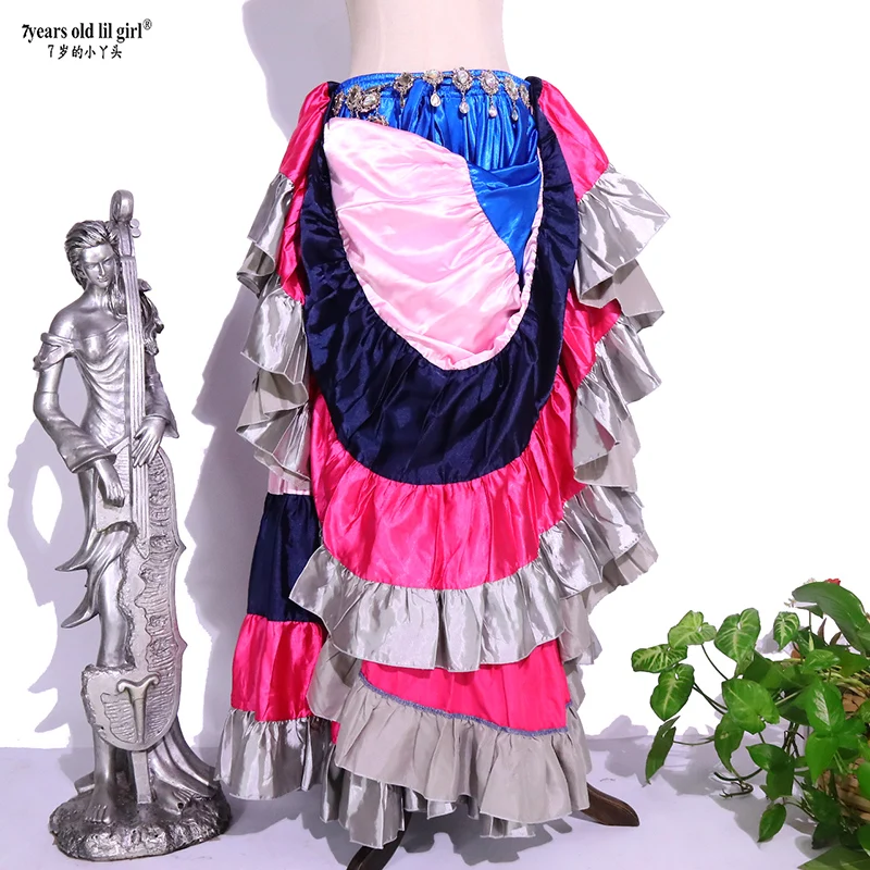 Belly Dancing Tribal Ruffle Flamenco 720 Degrees Satin 25 Yard 4 Tiered Skirt Gypsy Skir 9EX58