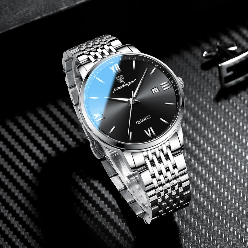 POEDAGAR Fashion Luxury Men Date Wristwatch Waterproof Stainless Steel Man Watch Simple Business Men's Quartz Watches reloj+Box