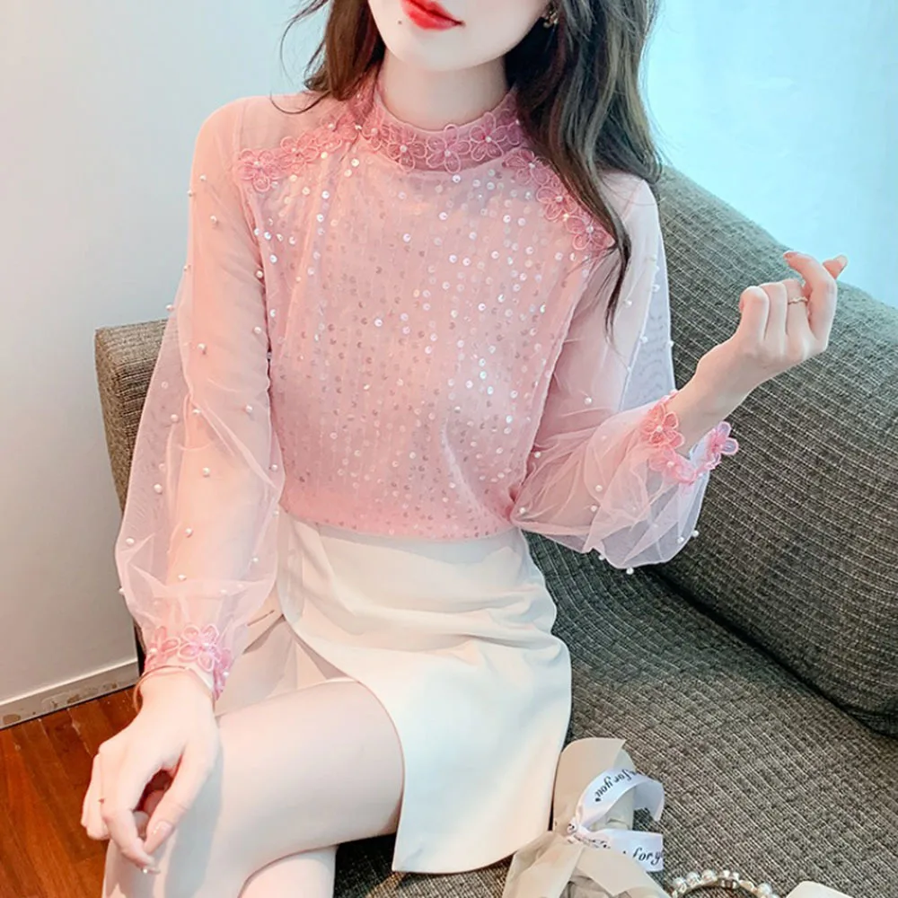 Spring/Summer Beading Chiffon Tops For Women\'s 2024 New Lace Gauze Long Sleeve Sequin Shirt Ladies Beautiful Fashion Slim Blouse