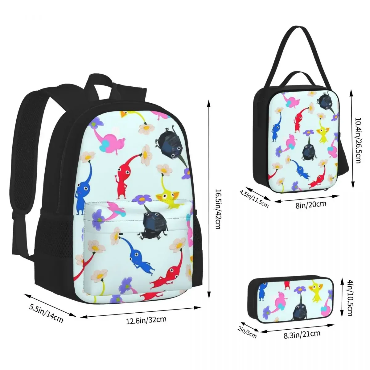 Pikmin Backpacks Boys Girls Bookbag Students School Bags Cartoon Kids Rucksack Lunch Bag Pen Bag Three-Piece Set