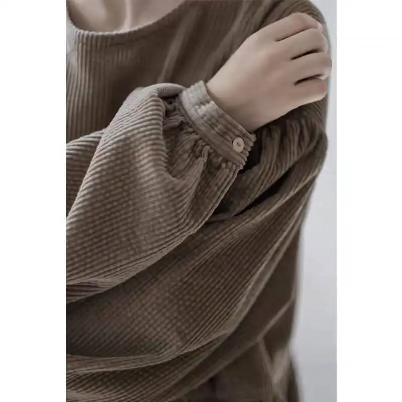 2024 neue Ankunft Herbst Winter Frauen Casual Lose Puff Hülse O-ansatz Gerade Kleid Baumwolle Cord Ankle-länge Kleider Y36