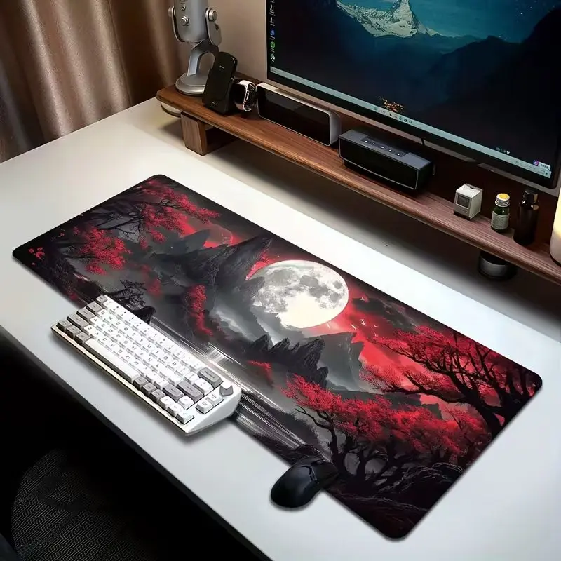 VIKAMA Red Maple Moon Desk Mat Non Slip Waterproof Gaming Mouse Pad Mountain Table Protector Student Office Home