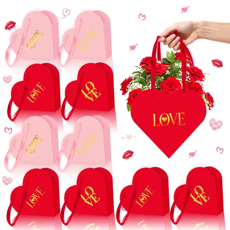 Juego de caja de regalo en forma de corazón de 12 piezas: caja de mano y cesta plegable con bolsas de ramo vacías, cartón de papel resistente