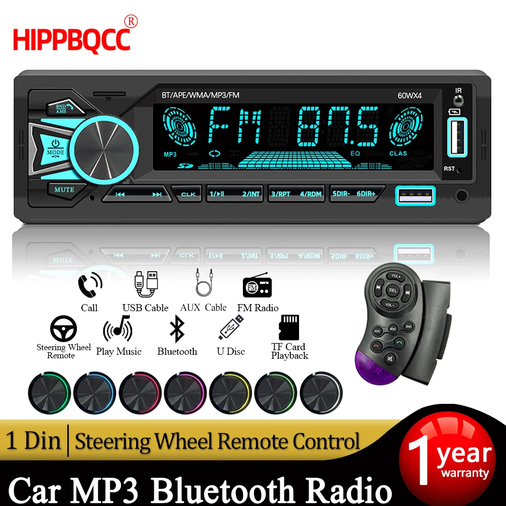 HIPPBQCC Car Radio 1Din Stereo Bluetooth MP3 Player 7 Color FM Receiver With Remote Control AUX/USB/TF Card In Dash Kit