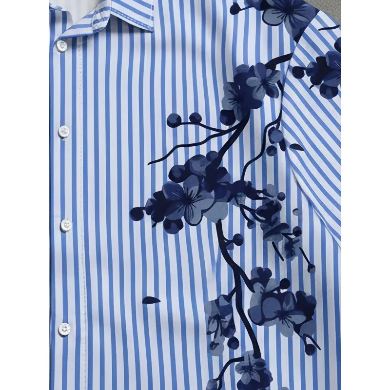 Men's Leisure Vacation Set, Blue and White Striped Ink Plum Blossom Print Short Sleeved Shirt+elastic Drawstring Shorts