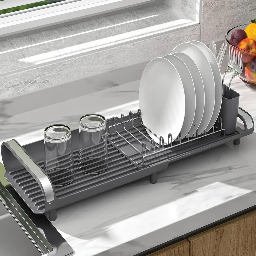 Compact Expanding Dish Rack Holds 9 Plates Movable Cutlery Holder Scratch-Proof Feet Countertop Drying Cups Cookware Accessories