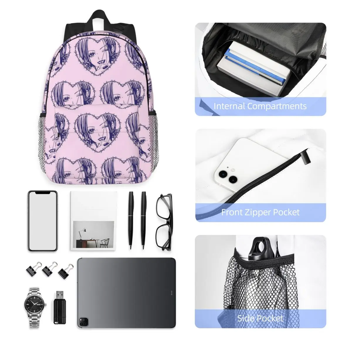 Nana Osaki Barbed Wire Heart Spread Backpack Hot Sale Daypack Large Capacity BookBag Shoulder Bags for Men Women School Bag