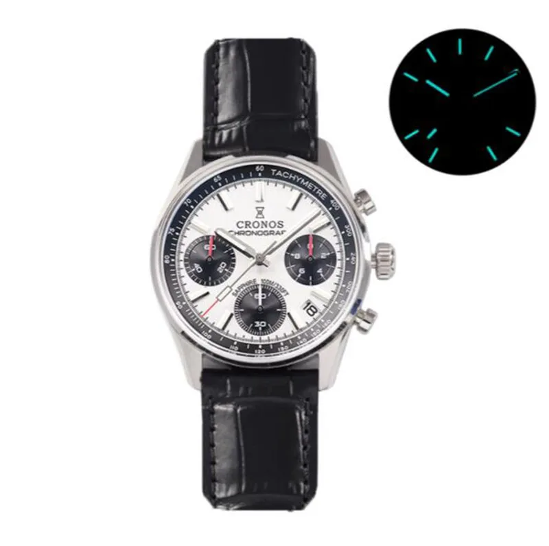 CRONOS Men Chronograph Watch 38.5mm Panda Quartz Wristwatch Sapphire Mirror 10ATM Waterproof BGW-9 Luminous Miyota 6S20