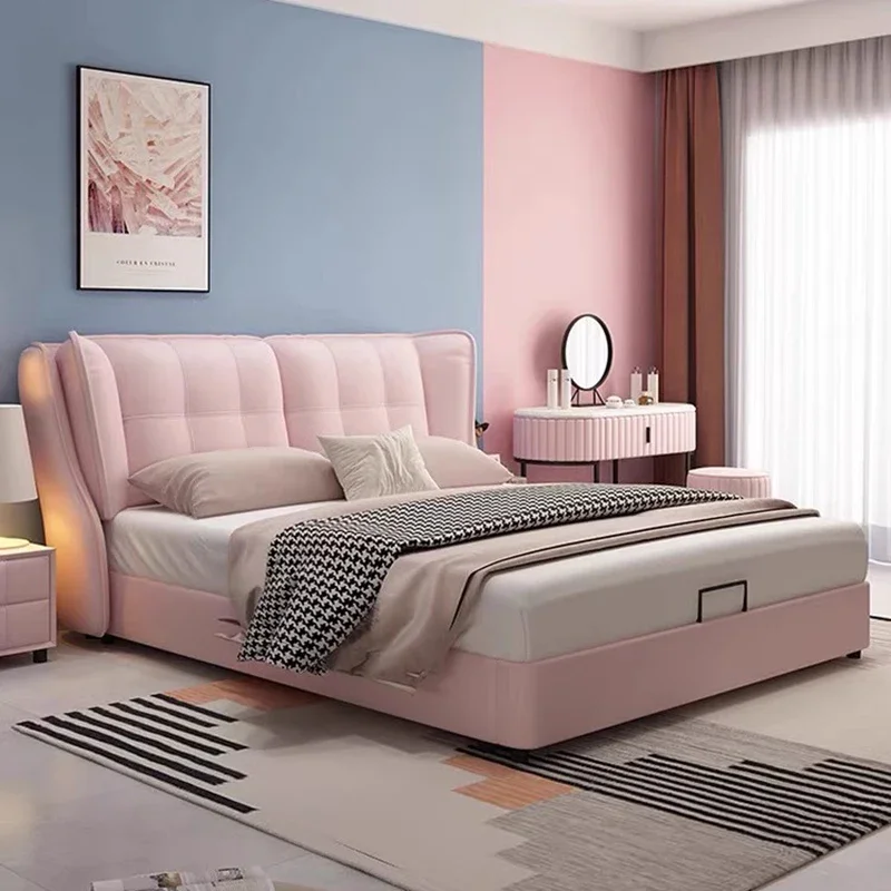 #Large Luxury Double Bed Soft Drawers Girl Floor Bedding Double Bed Storage Wood Muebles Para Dormitorio Nordic Furniture