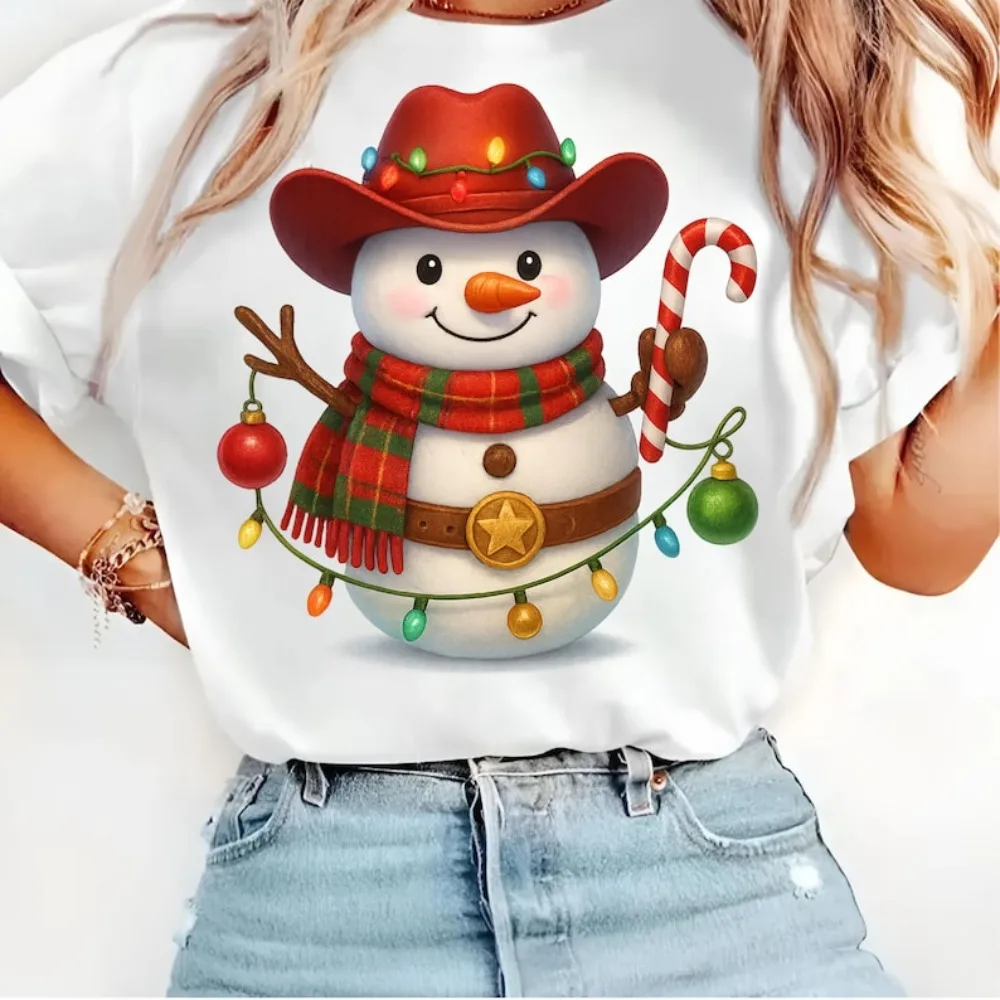 Howdy Cowboy Snowman Graphic Tshirt Western Rustic Plaid Print Tee Holiday Country Cow Girl Tops Xmas Women Shirt Women Clothing