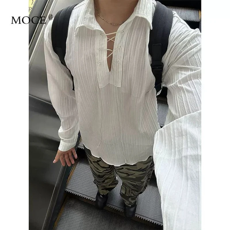 Fall Men Drawstring Long Sleeve Shirt French Palace Style Fashion All-match Business Casual Loose Clothes Blouse White Halloween