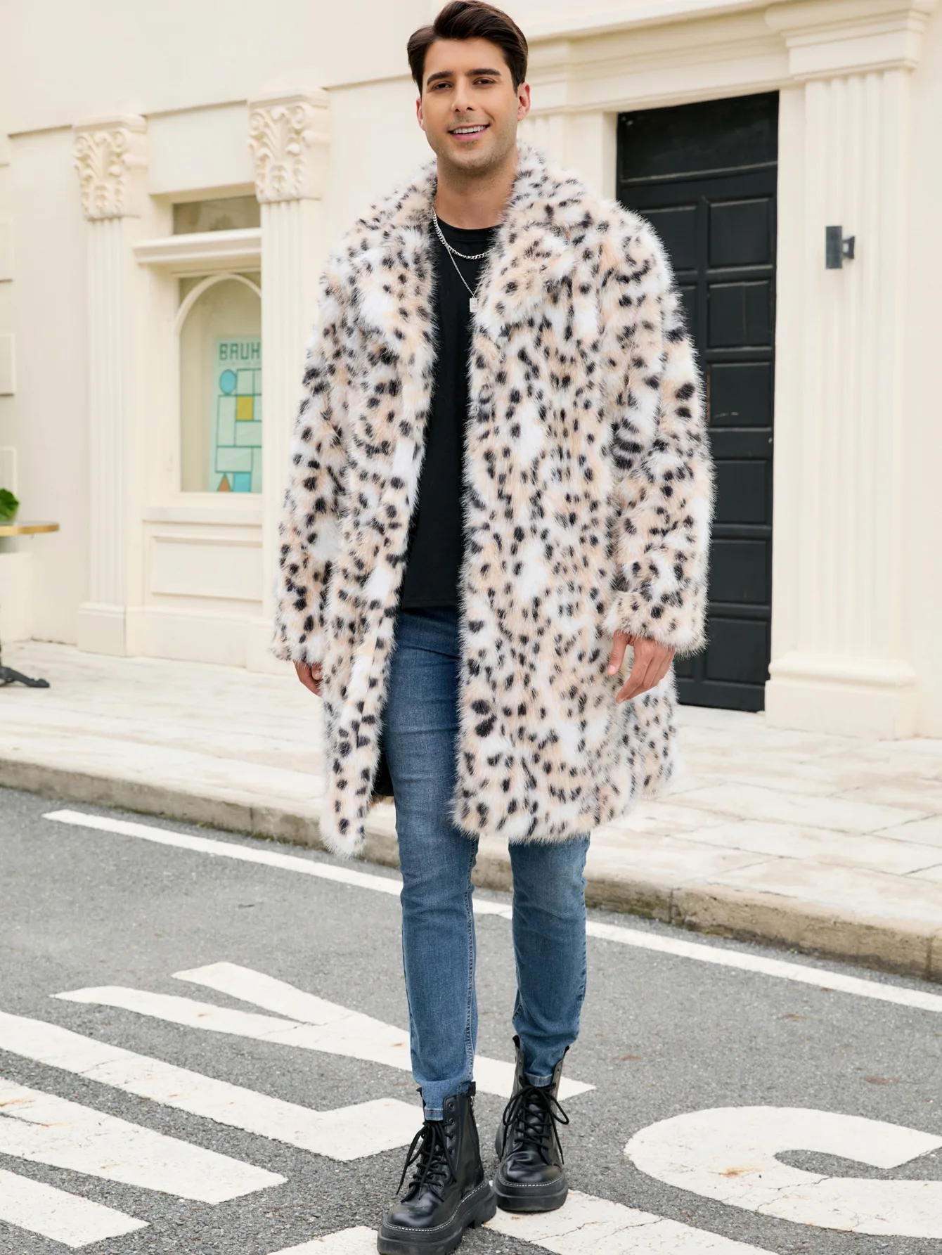 A new men's long faux fur coat with over-the-knee leopard print thickened and elegant fur coat