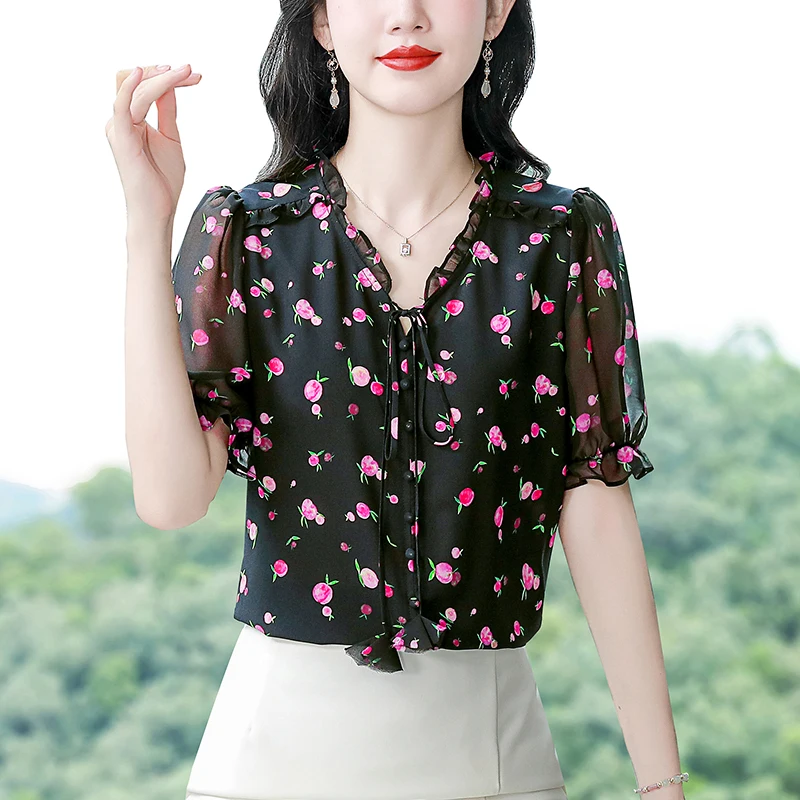 M-4XL 2024 Summer Chiffon Blouse New Short sleeved Floral Printed Shirt V neck Bow tie Women Tops