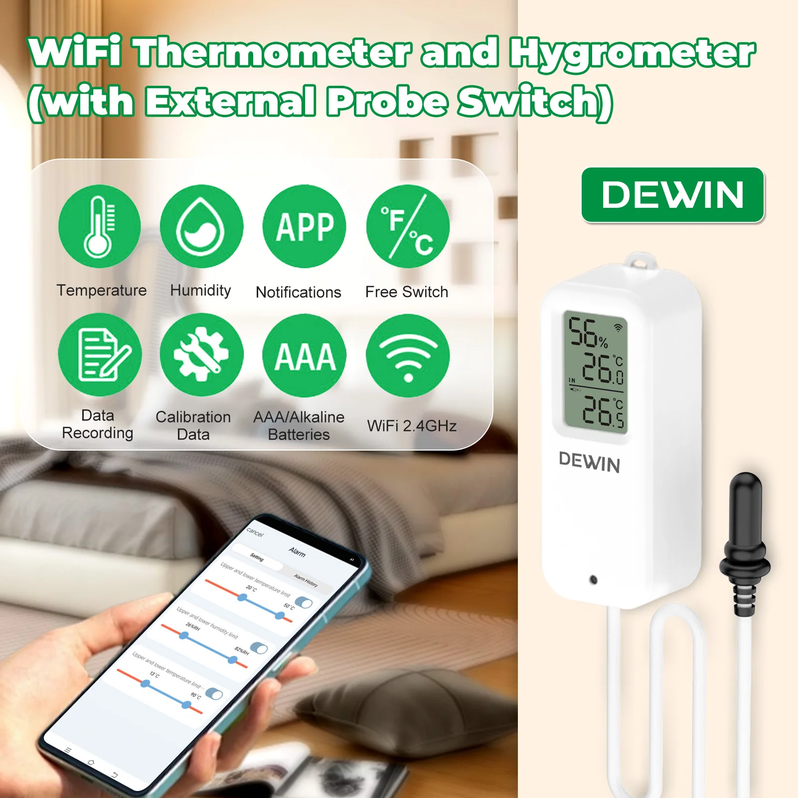 

WiFi Temperature and Humidity Sensor Thermometer Hygrometer with External Probe for Fish Tank Smart Life Google Assistant