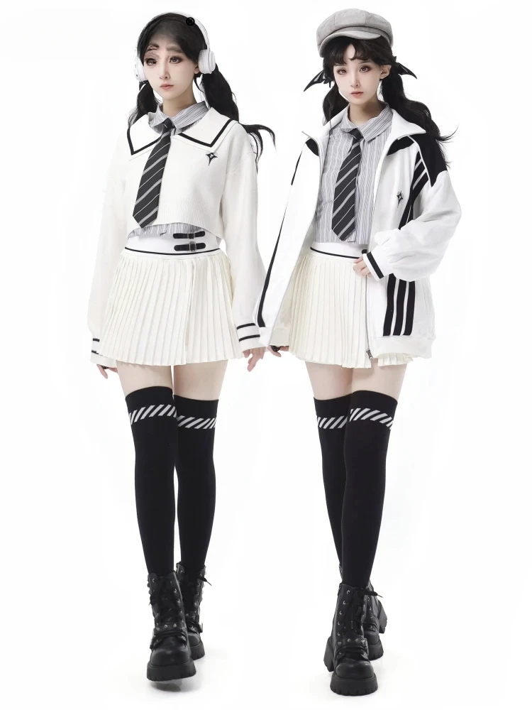 

White Sports Suit 2025 New Spring Girl Women's Casual Sweater Short Jacket Short Mini Culottes Girls Preppy Style Costume White