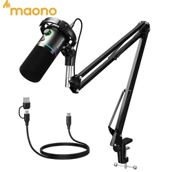 MAONO PD200XS USB/XLR Dynamic Microphone with Shock Mount Boom Arm Stand Maonolink Gain Knob RGB Light for PC Gaming Recording
