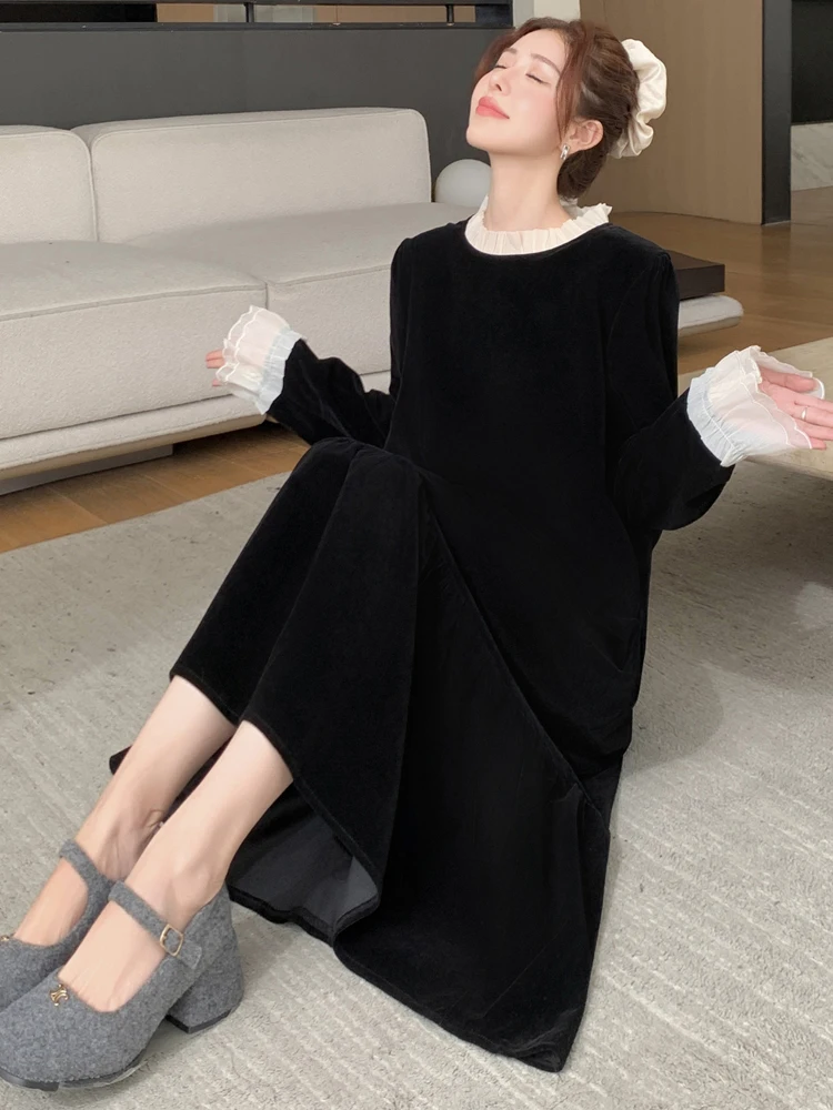فستان نسائي كوري جديد لشتاء NYFS 2024 من فيستدوس رداء Elbise فضفاض مقاس كبير مكون من قطعتين فساتين طويلة مخملية