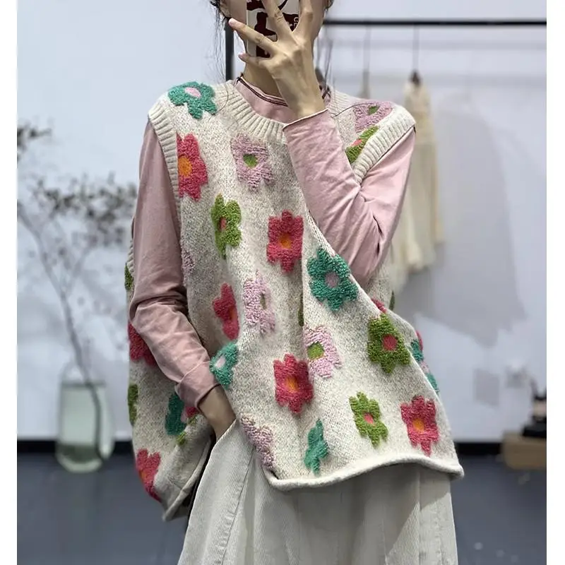 

Dimanaf 2024 Plus Size Sweaters Autumn Vest Sleeveless O-Neck Casual Women Basic Vest Flower Pattern Clothing Big New