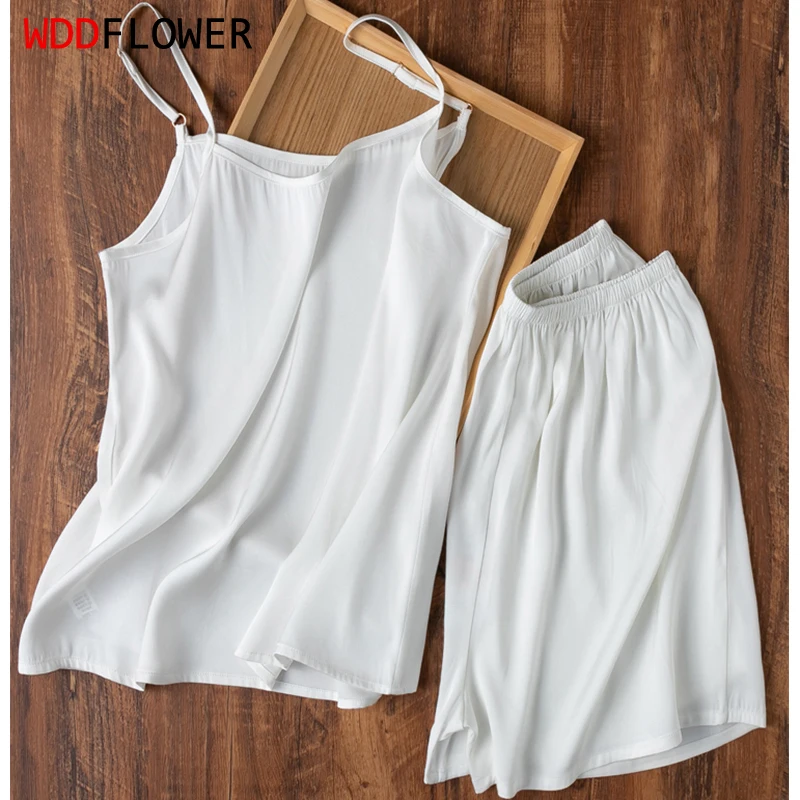 93% Mulberry Silk 7% Spandex 22 momme Heavy Silk White Color Camisole with Shorts Pajama Set Sleepwear L XL M1301