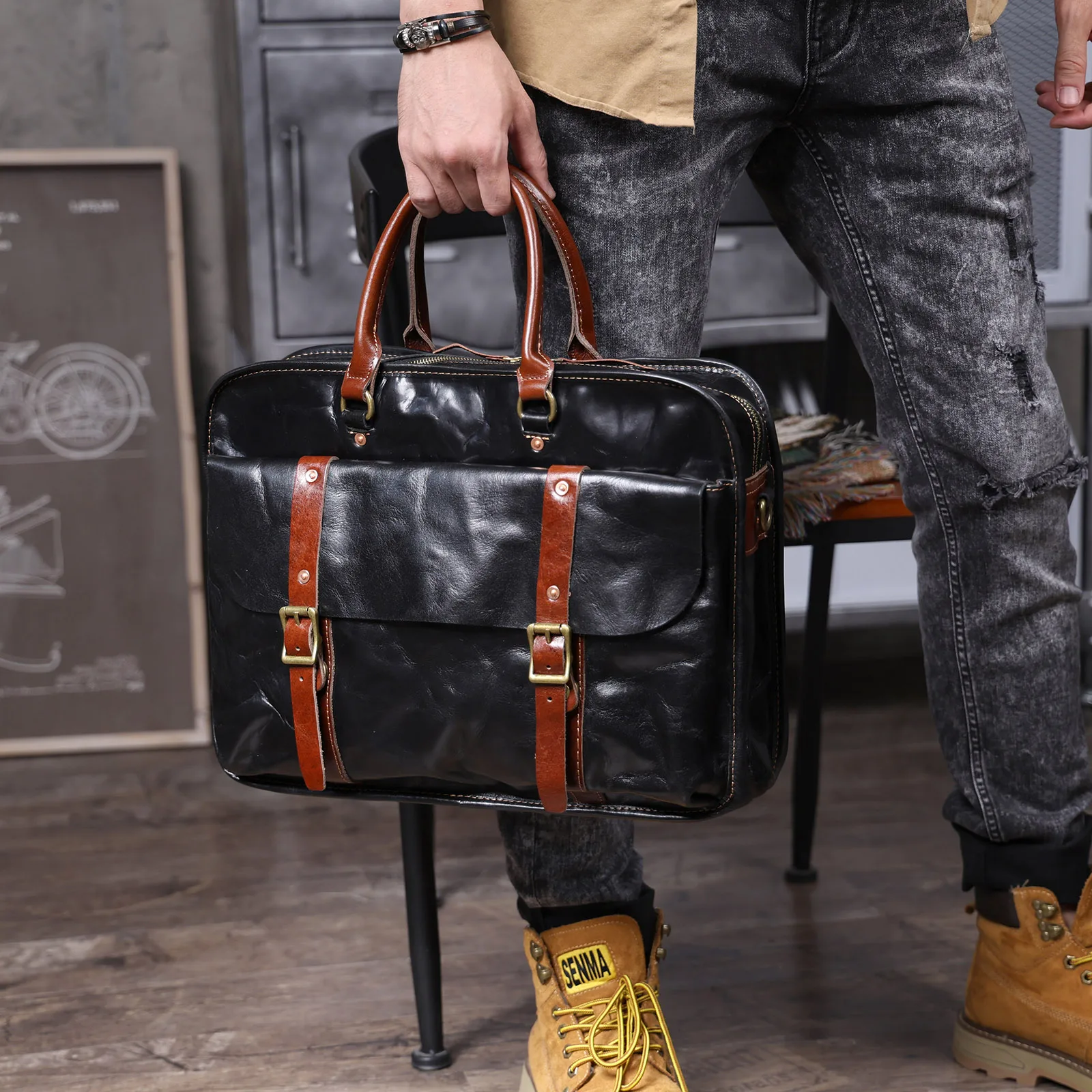 Echtleder Herren-Aktentasche 15 Zoll Laptop-Tasche Einfache Rindsleder-Umhängetasche Pflanzlich gegerbtes Leder Business-Casual-Stil – Detail 4