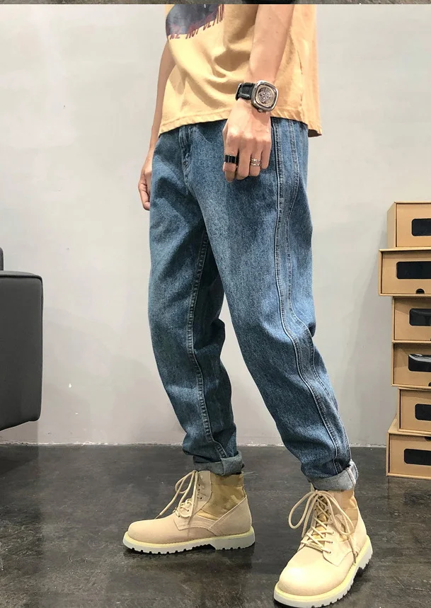 Men Jeans Straight Slim Trendy Personality Stitching Diagonal Pockets  Baggy Denim Pants