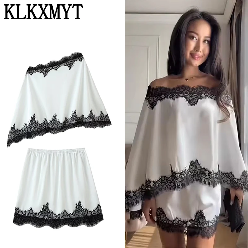 KLKXMYT Elegantes Satin-Spitzenrock-Zweiteiler-Set für Damen, asymmetrische schulterfreie Oberteile, Sommer-Party-Anzug 2026