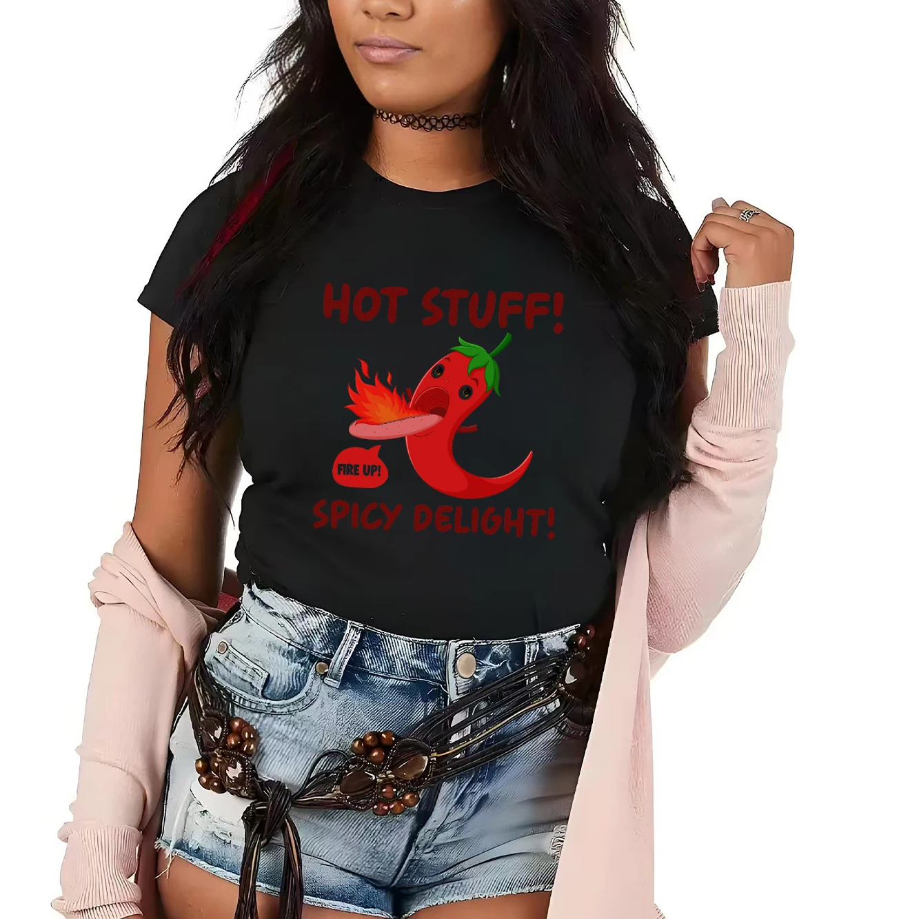 Nueva camiseta para mujer, camiseta bonita con estampado de chili picante, camiseta de manga corta con cuello redondo, top informal y a la moda para mujer