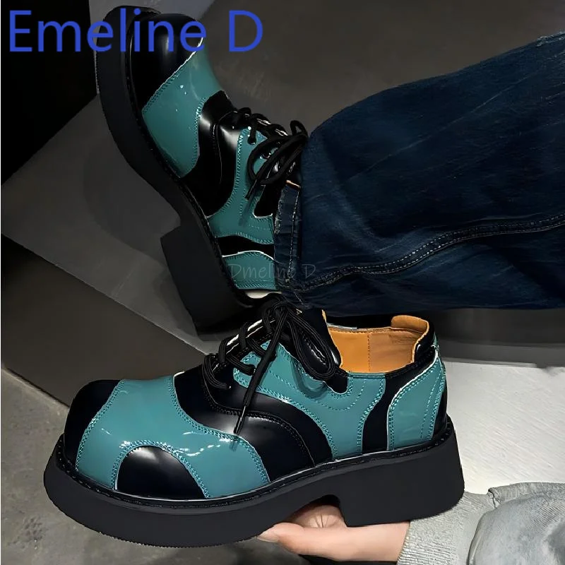 Lace Up Thick Soled High Rise Shoes Trendy Leather Splicing Big Toe Derby Shoes Versatile Casual Color Blocked Leather Shoes