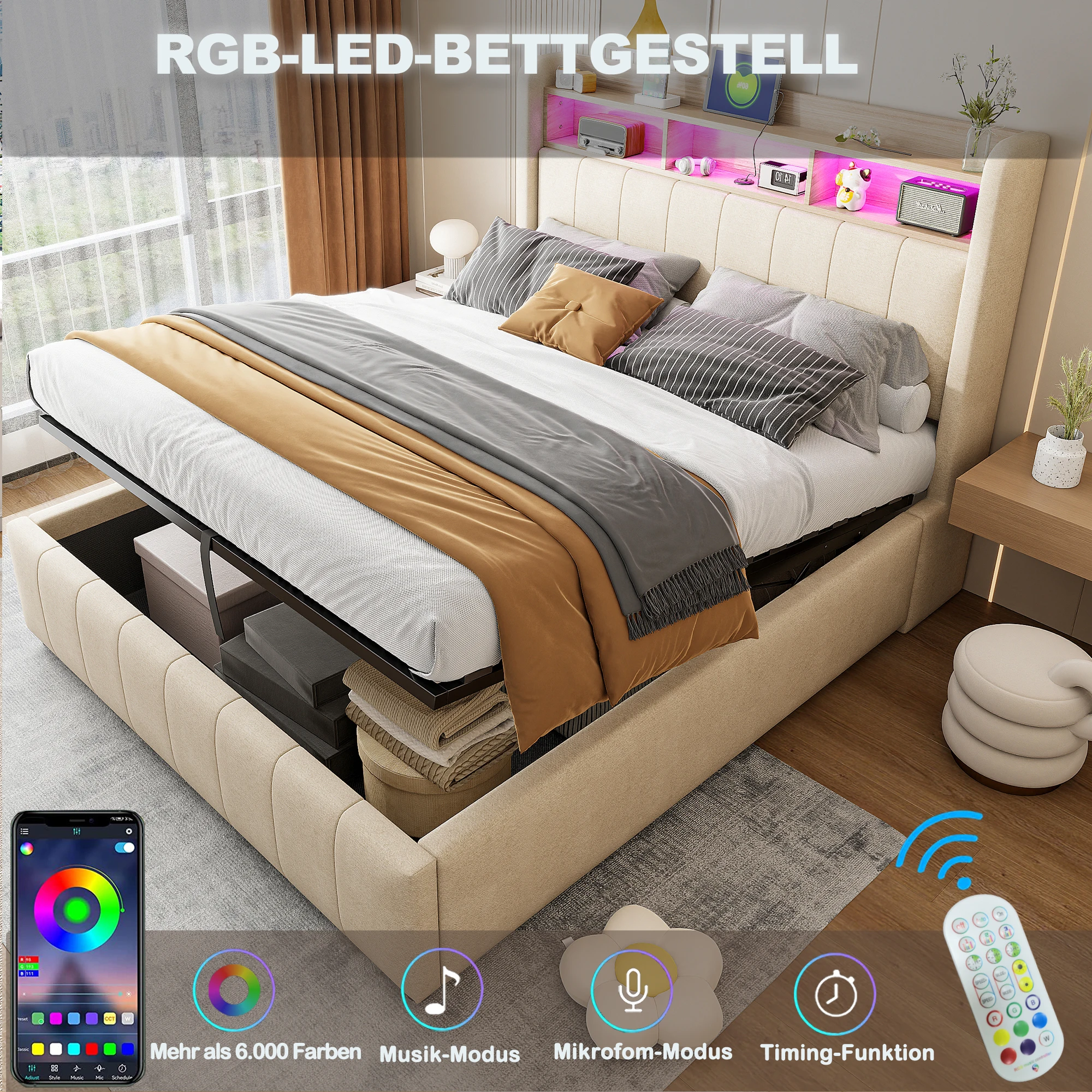 Tweepersoonsbed 180 × 200 cm capitoné met hydraulische opbergruimte en LED-bedhoofdbord beige tissulin