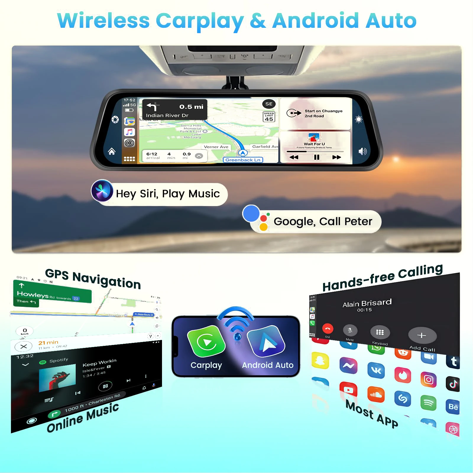 Aprilboy 10'' 4K Mirror Dash Cam Dual Camera with Wireless Carplay Android Auto Parking Assistance Loop Recording Navigation