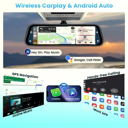 Imagen 2 del producto Aprilboy-cámara de salpicadero con espejo 4K, cámara Dual con Carplay inalámbrico, Android, asistencia de estacionamiento automático, grabación en bucle, navegación, 10 pulgadas