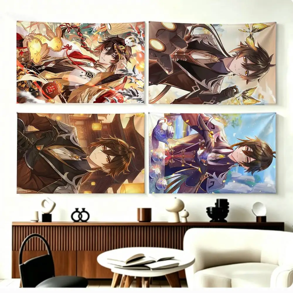 Genshin Geo A-Archon Z-Zhongli Flags Wall Hanging Background Art Banner for Bedroom Home Outdoor Decor