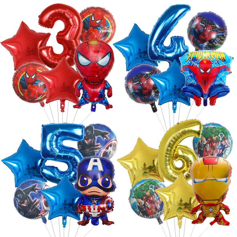 6PCS Superhero Avengers Foil Mylar Balloon Bouquet Spiderman Ironman Hulk Captain America Birthday Party Decorations Supplies