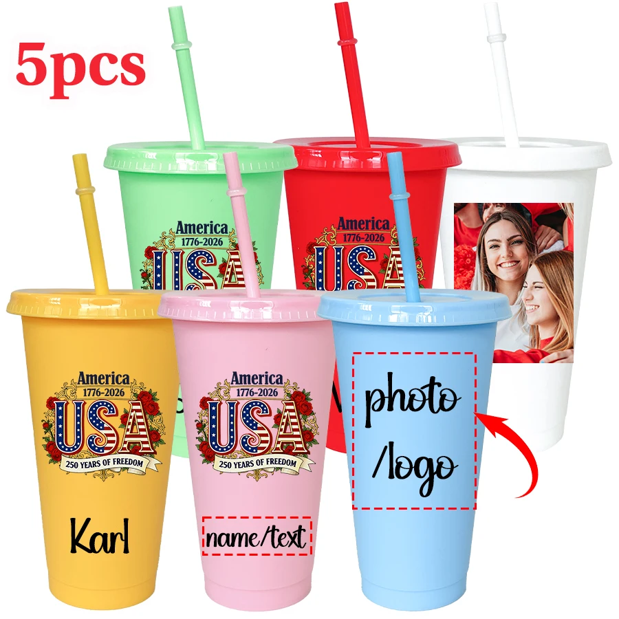 5 Pcs/Set, Independence Day Custom Photo & Name780ml USA Themed Party Cups, Ideal for Family & School Gatherings, Birthday Part