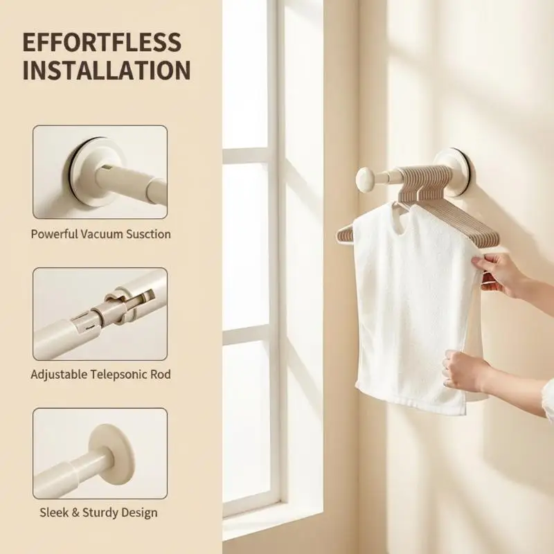 Extension-Type Clothes Hanger Holder Vacuum Suction Cup Reusable No Drilling Required Easy Installation Organizes Clothes Hanger