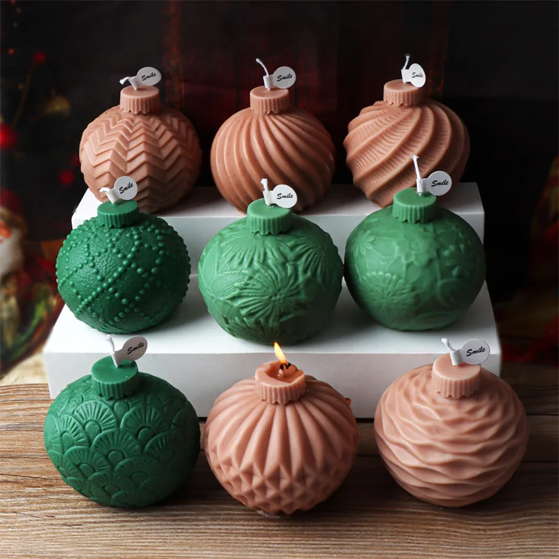 Striped Christmas Ball Candle Mold Geometric Sphere Spiral Wave Scented Candle Plaster Mould Resin Silicone Molds DIY Cake Tools