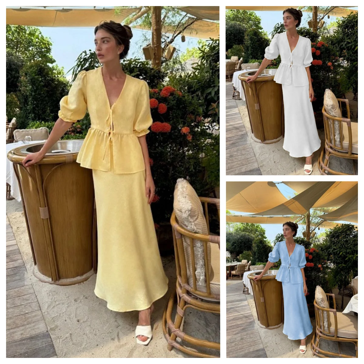 Women's Two Piece 100% Cotton V-Neck Lace-Up Bubble Sleeve Shirt Long Skirt Set Loose Casual 2025 Summer Lady Outfit