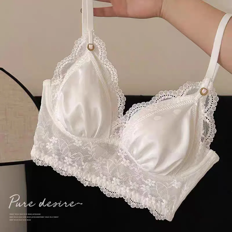 Lingerie francesa de renda com copo triangular doce para meninas, sutiã fino e fechado