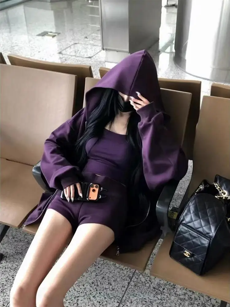 Casual Sportswear Set Women's Early Autumn Korean Style Purple Strap Hoodie Jacket Top Short Pants Whole Set plus Size Fashion