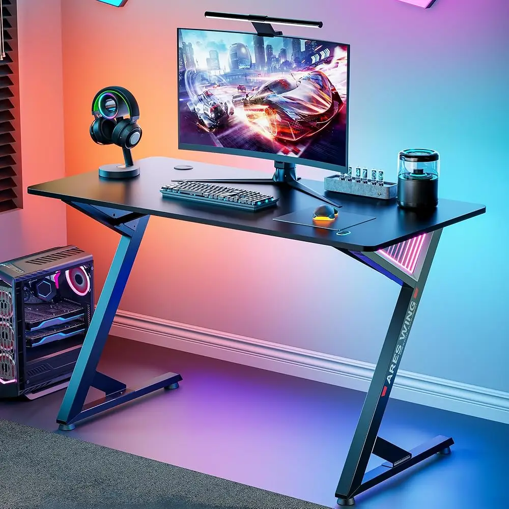 مكتب ألعاب 47 ساعة، مكتب كمبيوتر مريح مع ضوء LED وكابل تحكم DIY، سطح طاولة ألعاب من ألياف الكربون للمنزل والمنزل