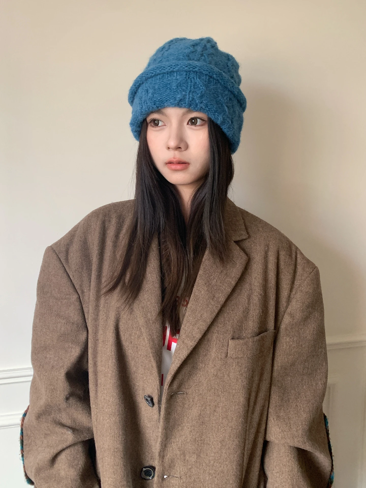 قبعة صوفية محبوكة كورية زرقاء جذابة للنساء دافئة في الخريف والشتاء مع وجه صغير وغطاء محرك السيارة لحماية الأذنين #3