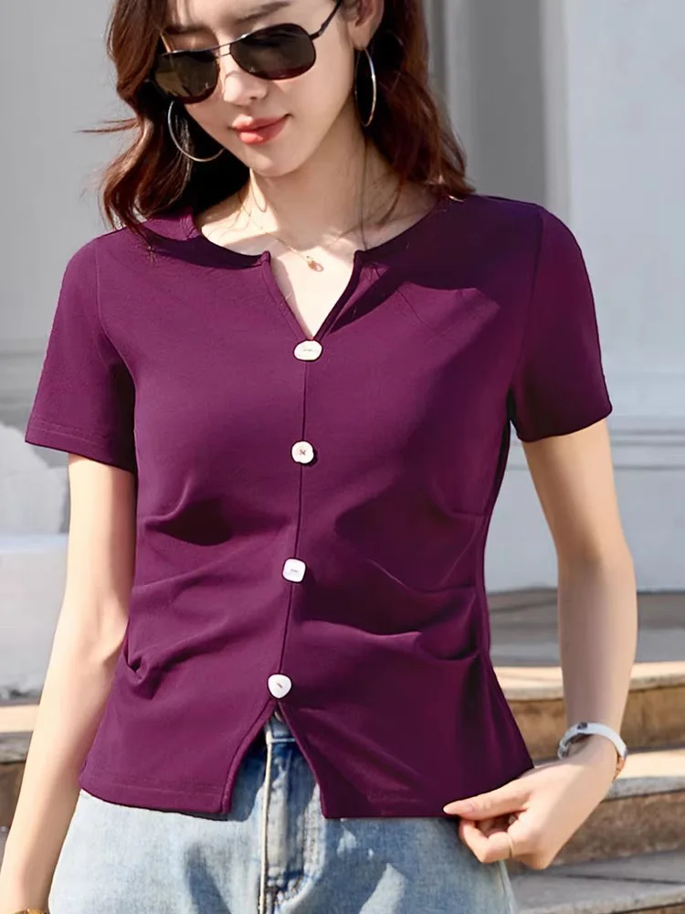 New Women Short Sleeve T-shirt Summer Fashion Small V-Neck Fold Slim Waist T-shirt Casual Solid Color Pullover T-shirt Female