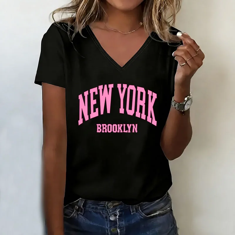 T-shirt V Neck Casual Fashion Y2k 1898 BROOKLYN NEW YORK Printed T Shirts Women Short Sleeve Tee Shirt V-Neck Summer Spring