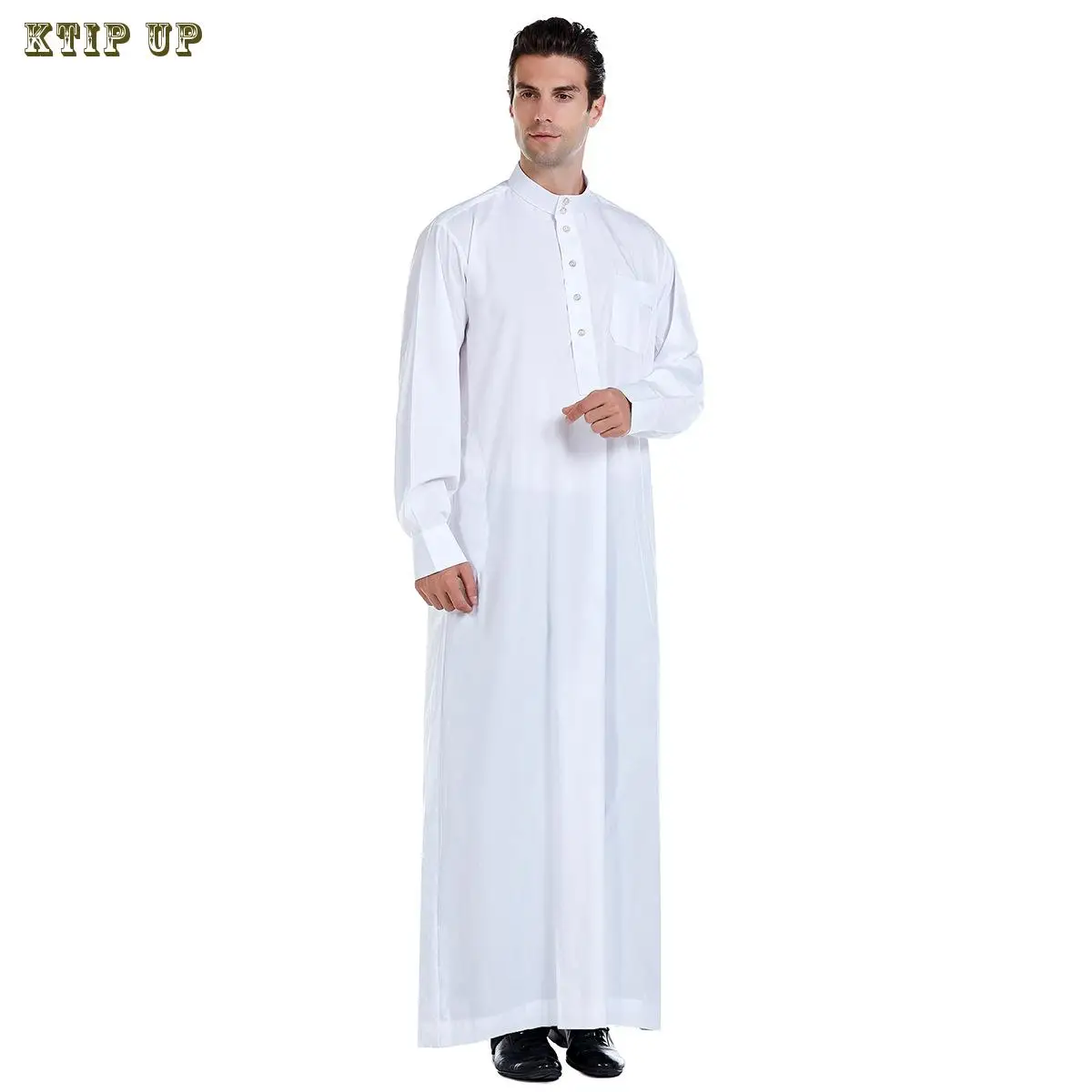 Moslim Robe Wit Gele Mannen Caftan Lange Mouw Ronde Knoop Moslim Kleding Ademend Eid Midden-Oosten Jubba Thobe Geschenk Arabisch