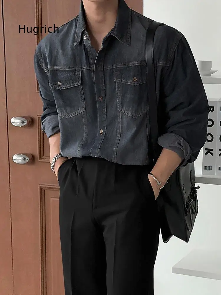 Men's Denim Long Sleeve Button Down Shirt Loose Fit Chest Pocket Casual Top Classic Retro Style For Daily Street Wear Layering