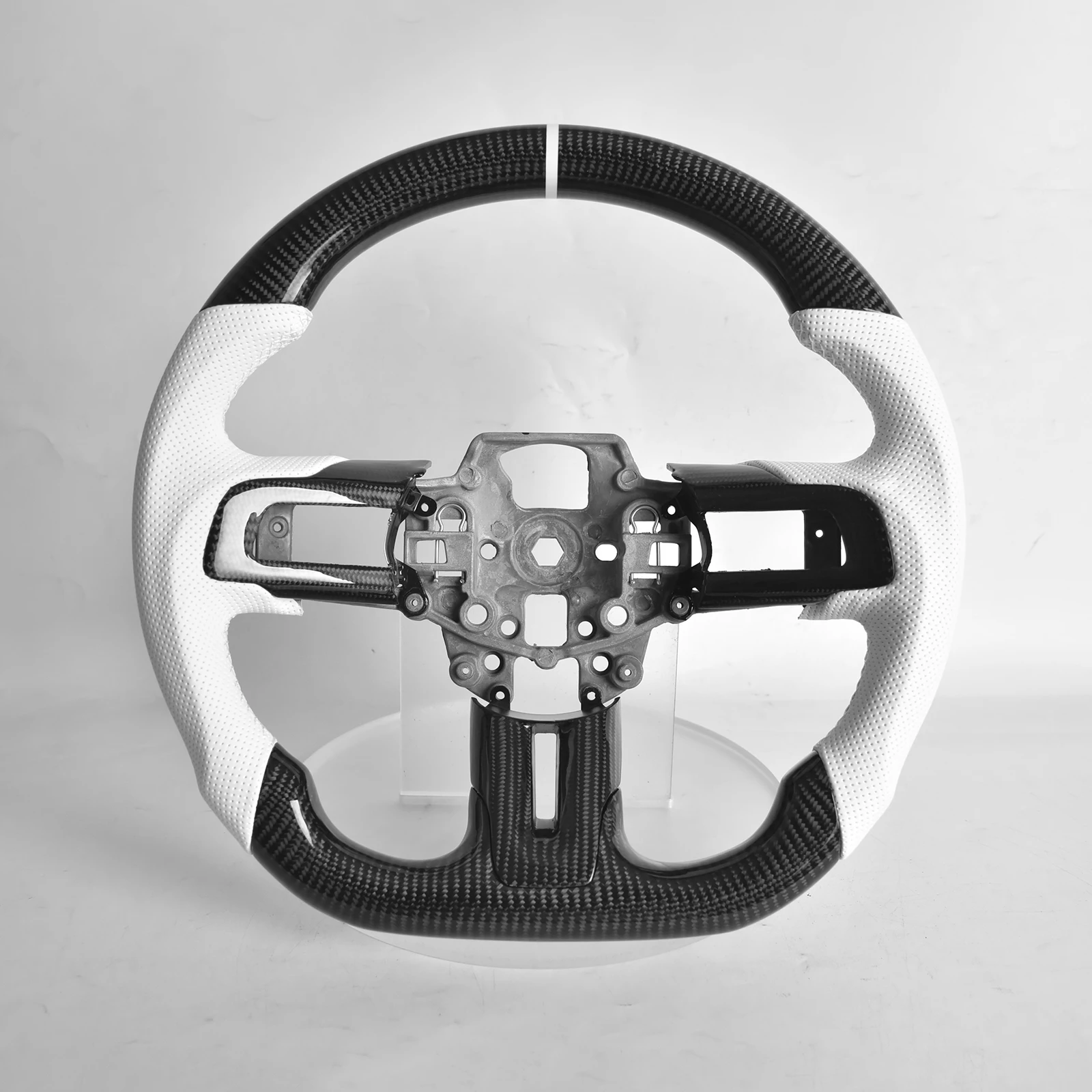 Carbon Fiber Steering Wheel for Ford Mustang GT/GT350/GT350R 2018-2021, LED Display D-shape Flat-bottom Red Leather Grip