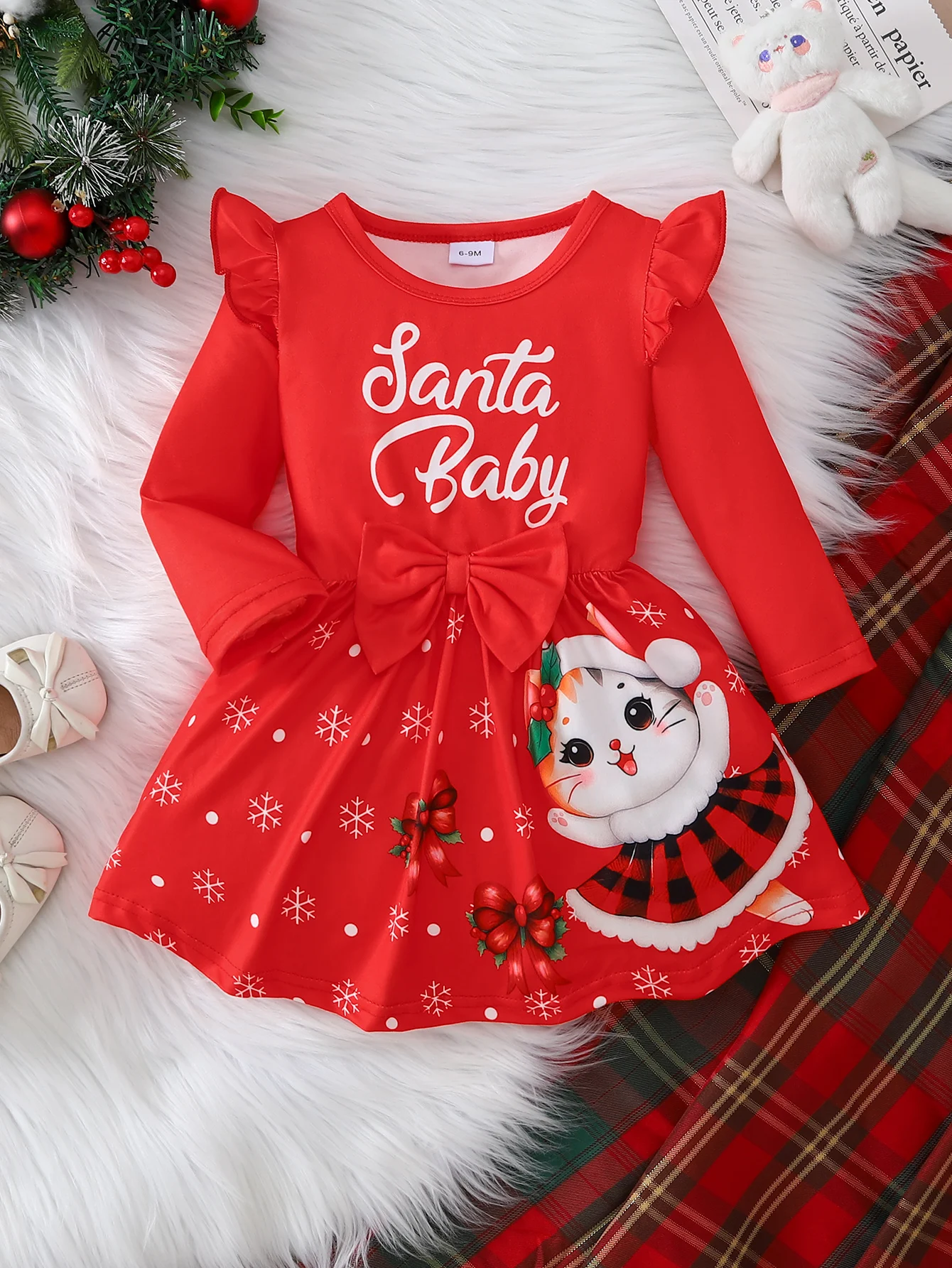 1Pc Winter Christmas Baby Girl Dress,Santa Baby Letter Cartoon Cat Snowflake Print Long Sleeve Ruffle Shoulder Bow A‑Line Skirt,